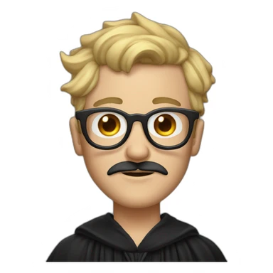 A man with blond messy hair and a mustache, wearing a black squared shaped eye glasses, a black witch hat, black  robe sticker