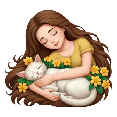A sleeping long-haired woman is lying down holding a three-flowered cat. sticker