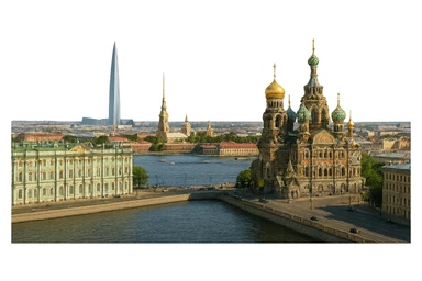 cinematic realistic emoji of St Petersburg Russia city wide view featuring Winter Palace, Church of the Savior on Spilled Blood, Peter and Paul Fortress, Lakhta Center, lifelike detail, accurate colors, bright daytime lighting, no sky, no clouds, fully transparent background sticker
