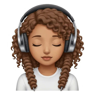 Light brown skin girl, long curly brown flat hair, eyes closed, headphones on listing to music sticker