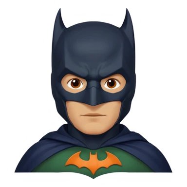 generate a batman emoji with just the face and neck showing and part of the cloak and and wings. Shade the bat logo on the chest in a medium green with a slight olive touch. Shade the mask in dark navy blue. Shade the cloak in a solid vibrant orange.

 sticker