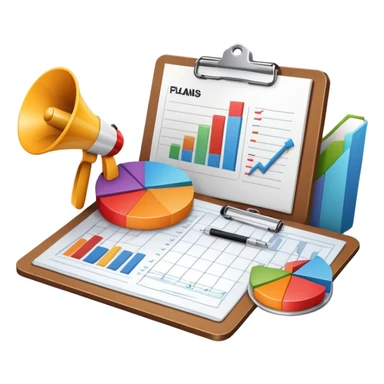 An icon featuring a pie chart, a megaphone, and a clipboard with strategy plans, symbolizing management and marketing. The design includes upward-trending graphs set against a modern office backdrop. Transparent background emphasizes business strategy and communication. sticker
