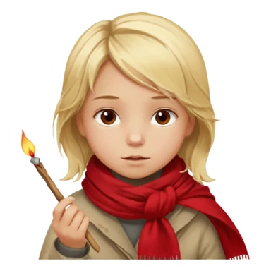 A little girl with messy blonde hair, wrapped in a thin scarf, lighting a match with shaky hands as warm light reflects in her eyes.
 sticker
