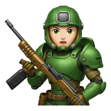 Doom Slayer wearing green armor and helmet, holding a shotgun, fierce expression sticker
