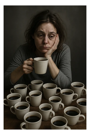 donna con stanchezza cronica distrutta e stanca che si fa tanti caffè sticker