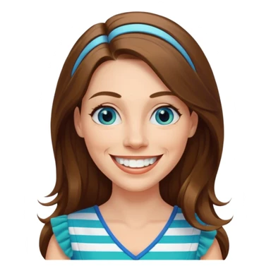 40 yr Caucasian woman, long brown hair parted on side, white stripe in hair, blue green dress ,big smile, white teeth, dimples, blue eyes sticker