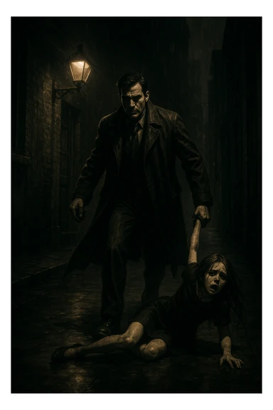 a man in a trench coat dragging a girl, dramatic scene, cinematic style sticker
