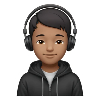 Young Black male, short hair, eyes closed, soft cheeky smile, calm and proud vibe. Dark hoodie, big black over-ear headphones. Focus on face and expression; exaggerate smile and eyes for small emoji size. Background optional. sticker