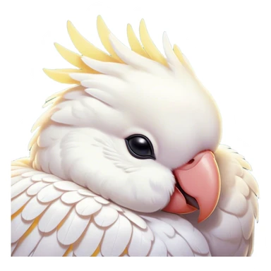 Meme-Worthy Cute Sleeping Cockatoo Portrait Emoji, Head resting peacefully with a contented smile, showcasing a softly feathered body with a gently drooping crest and eyes closed in serene slumber, Simplified yet adorably endearing features, highly detailed, glowing with a soft, drowsy tropical light, high shine, relaxed and utterly lovable, stylized with an air of playful laziness, soft glowing outline, capturing the essence of a sleeping cockatoo that feels destined to become the next viral icon of adorable rest! sticker