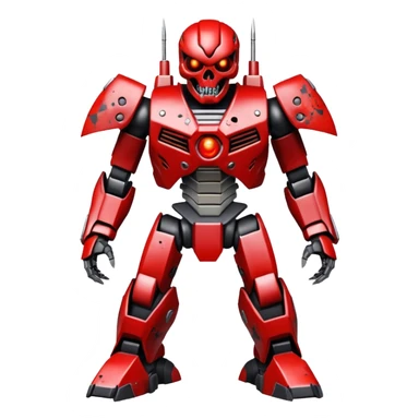 An evil mega zord tech bot with blood and glowing eyes in the style of your bleeding skull art, full body, rushed and worn from surviving the apocalypse, mostly Grey but splattered with blood. sticker