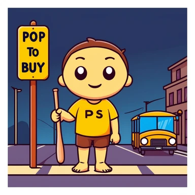 humanoid wooden club with big cartoon eyes and wide smile, barefoot, standing at a dark street bus stop under a dim streetlight, holding a bat, background sign 'Pentung Pos Ronda' sticker