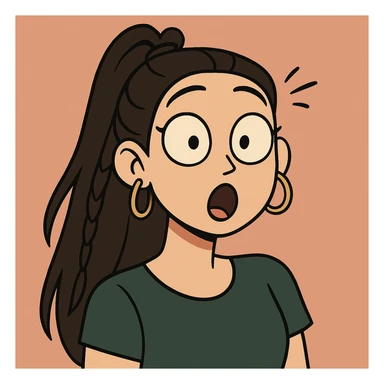 Create a cute and lively cartoon style face with a surprised expression, keeping her unique features and hairstyle from the reference image. sticker