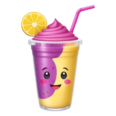 Cute Kawaii Smoothie Cup, filled with blended fruity goodness, a smiling face with excited eyes, bright colorful layers of pink, yellow, and purple, topped with a straw and tiny fruit slices! sticker