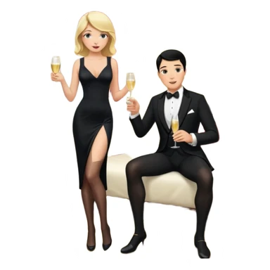 Blonde woman, black, Long, tight, sleveless Dress, Slot left Leg, stockings, man, DARK Hair, in Dinner jacket, Background bedroom, drinking champaign sticker
