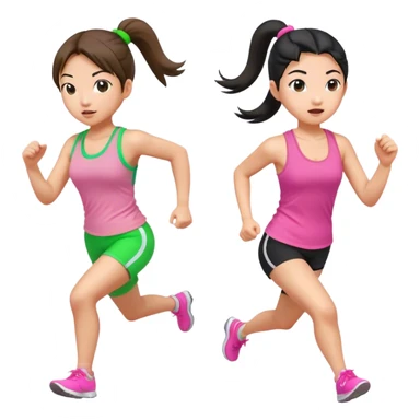 two asian girls ponytail with green tank top and pink tank top running sticker