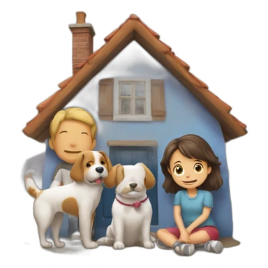 Un chien et un chat devant une maison avec une famille composer de 1 garç et 2 fille sticker