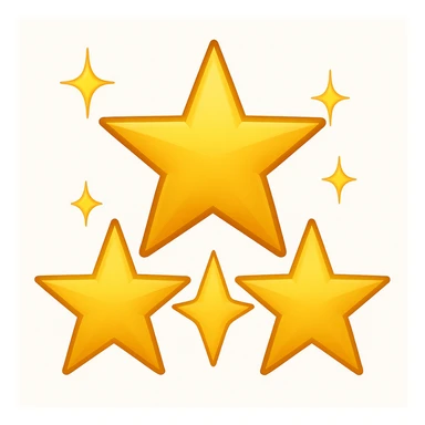 3 golden stars, one big in the center and two smaller on the sides with sparkles (emoji style) sticker