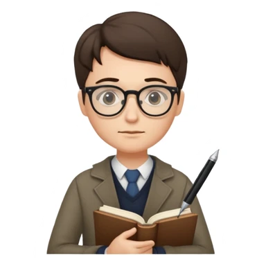 writer holding pen and book, wearing glasses sticker