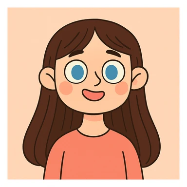 portrait of a girl with long straight brunette hair and blue eyes, soft pastel cartoon style sticker