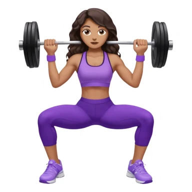 mujer de tez trigueña, con cabello castaño oscuro ondulado con pequeñas ondas, con el cabello super largo hasta las rodillas estilizado, con ropa deportiva morada/lila, tenis blancos deportivos y levantando una pesa sticker