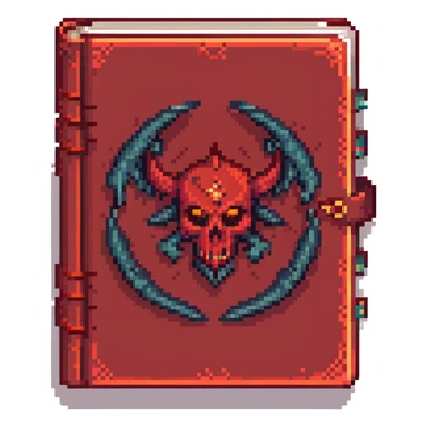 Make the red cursed book with dark aura look even more evil by adding demonic symbols, jagged edges, and a swirling shadow. Pixel art style with no background. sticker