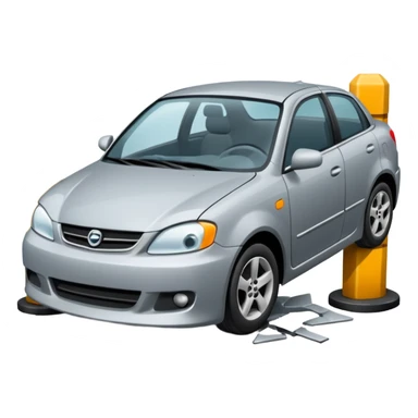 car crashed to a trafic barrier barrier in front of car and car front panel broken sticker