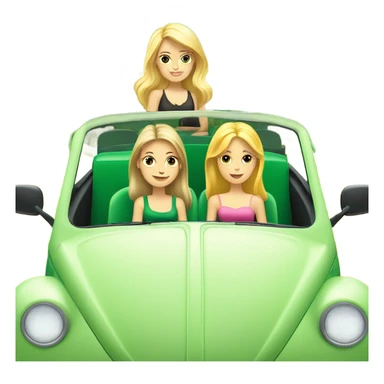 Two Caucasian blonde girls and two Caucasian brunette girls in a green VW beetle convertible sticker