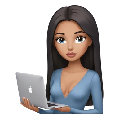 Glamours, tanned, very beautiful girl, with big pump peach-beige-rose lips, long lashes, black straight smooth silky long hair, straight parting hair, blue-grey eyes, in light-grey v-neck bodysuit holding MacBook sticker