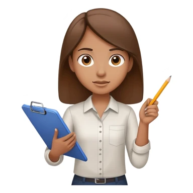 Intern or volunteer with brown hair holding a clipboard and pencil, ready to take notes or assist. The character wears a simple shirt and has an eager posture sticker