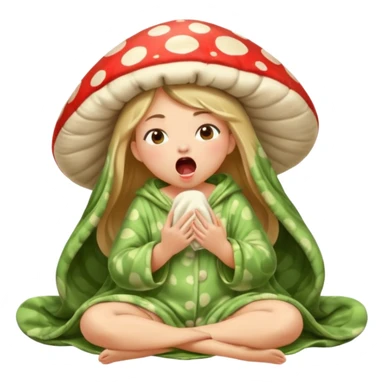 woodland spirit girl in mushroom pajama and oversized blanket yawning sticker