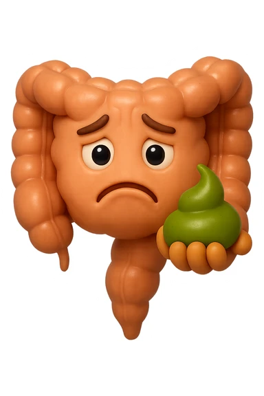 emoji stile iphone 3d di un intestino con espressione triste con cacca verde e liquida in mano, iperrealistiche 4k sticker