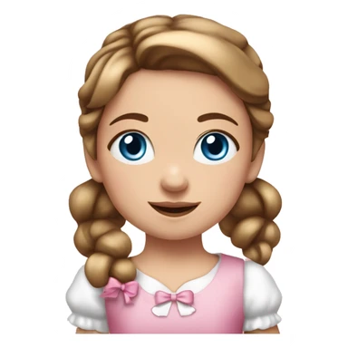 Little white girl with blue eyes and bronze hair in two ponytails with two bows. A pink pacificer in her mouth. She is wearing a pink and White dress and holding a teddybear. sticker