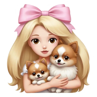 Blond girl white skin brown eyes hugging white and brown Pomeranian with light pink bow sticker