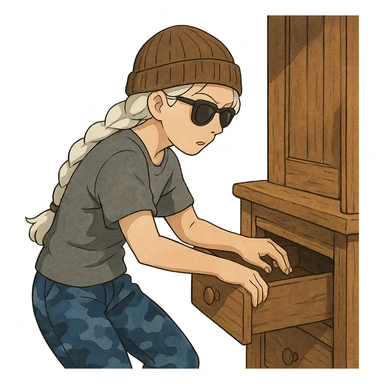1 female, long white braid, knit cap, dark sunglasses, GRAY T-SHIRT, blue camo pants, LOOTING A CABIN, OPENING A DRAWER sticker