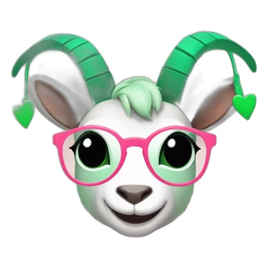 a cartoon goat with mint green round glasses and a green dress with a black heart on it and rosy cheeks, and brownish-pink horns, and some ears that hang of the side sticker