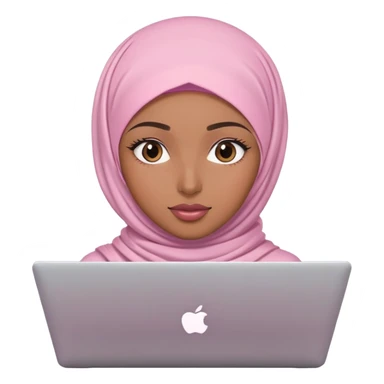 Medium brown skin woman wearing light pink hijab with natural makeup, long eyelashes and lip gloss working behind laptop sticker