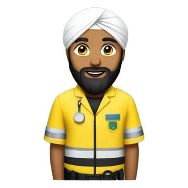 Sikh man with beard wearing a black turban and a yellow paramedic jacket sticker
