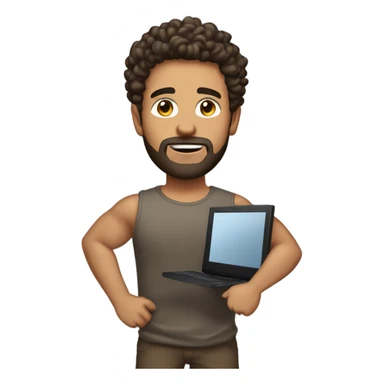 tall men carrying a computer in his hands. light brown skin men with curly dark brown hair, brown eyes, little grown beard. imposing, bit muscular build. dressed casual. sticker