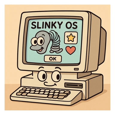 retro computer with a whimsical Slinky OS interface, cartoon style sticker