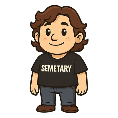 Make the chubby man look younger and have him wear Semetary merch. The original style is sticker style, which does not support editing, so use the general style editor while respecting the sticker style look. sticker