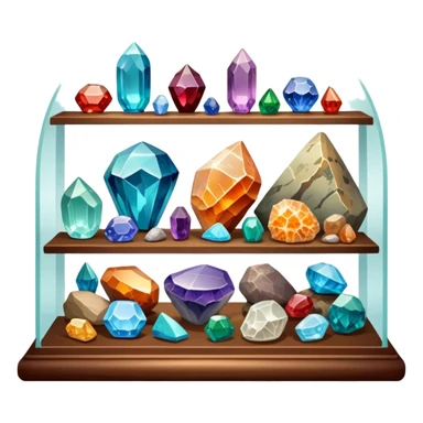 Icon for Mineral, Stone & Fossil Collecting: a display of various colorful minerals, gemstones, and fossils, arranged neatly on a table or shelf. The icon should reflect the beauty and scientific interest of collecting natural specimens. Transparent background. sticker