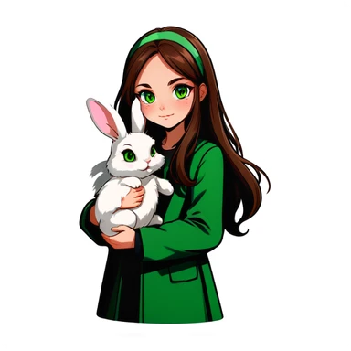 Long brown haired, green eyed girl holding a bunny. The bunny has floppy ears and is grey in color. sticker