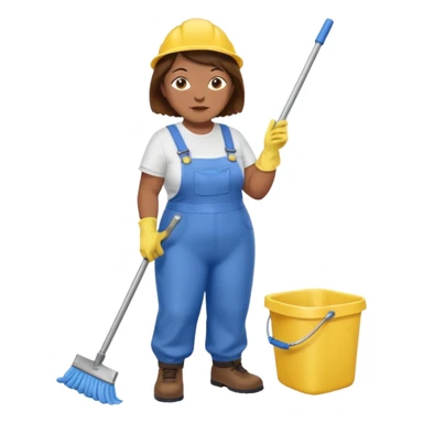 old and fat women, brown hair, Custodian with yellow rubber gloves, white T-shirt, blue overalls, mopping floor sticker