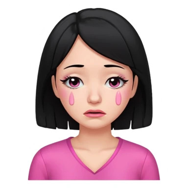 black hair woman with pink outfit and cry face sticker