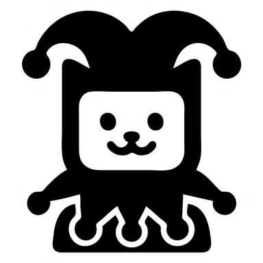 crazy cute little cat jolly joker from poker, medieval, vintage, court jester, mac os icon, purple, gold and red color, head + torso. Squared shape as 3D mac os icon, symmetrical sticker