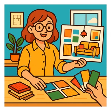 flat toon style interior designer with mood board and samples, bright colors sticker