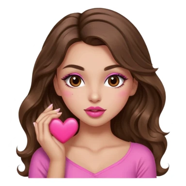 girl with long wavy brown hair, brown eyes, long lashes makeup, sexy pink lips, light to medium complexion, wearing a pink sexy top, sexy , puckering, blushing, kissing a heart sexy sticker
