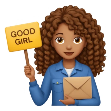 A girl with medium brown skin and long curly holding a sign saying good girl sticker
