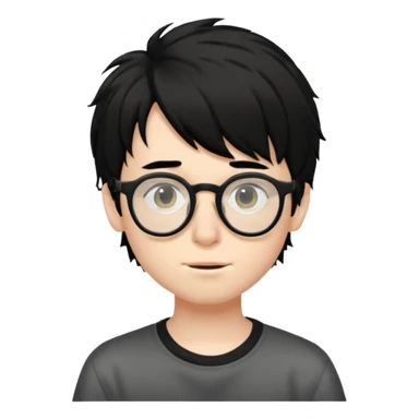 pale skin, black shaggy hair boy, big glasses that's tip on his nose and teenager  sticker