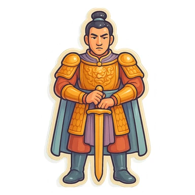 Add boots to the general's feet, keep the rest as is: full body, front view, elongated legs, face as in the reference, retro sticker style, high detail, pronounced shadows and highlights, clean lines, soft rounded shapes, pastel palette #98B5BC, #B5B3C1, #C9A3C9, #E4C0CA, #F7DCD1, #F7C0AA, transparent background. sticker